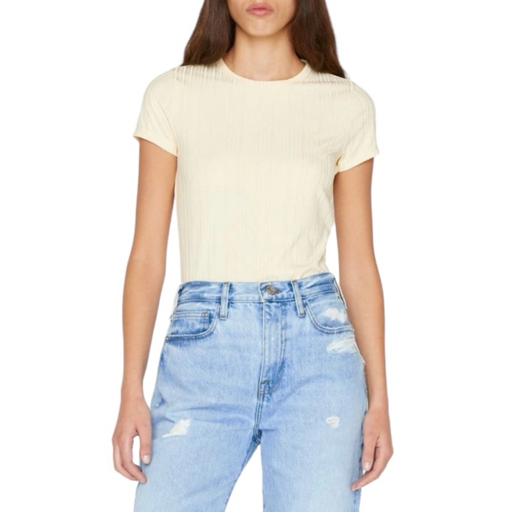FRAME Crewneck Ribbed/Striped Pullover Tee, Pale Yellow, Size XS